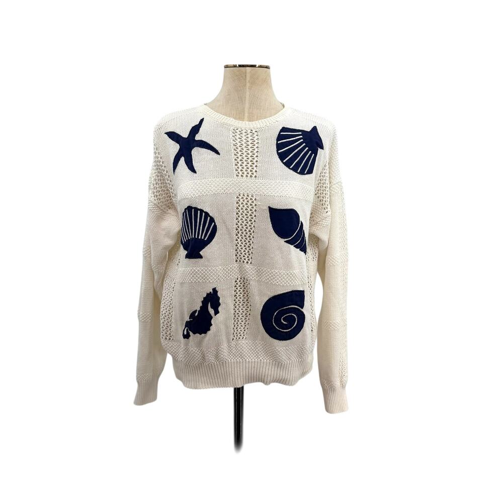 Vintage Seashell Knit Sweater Nautical Beach‎ Pullover Cream Womens Medium